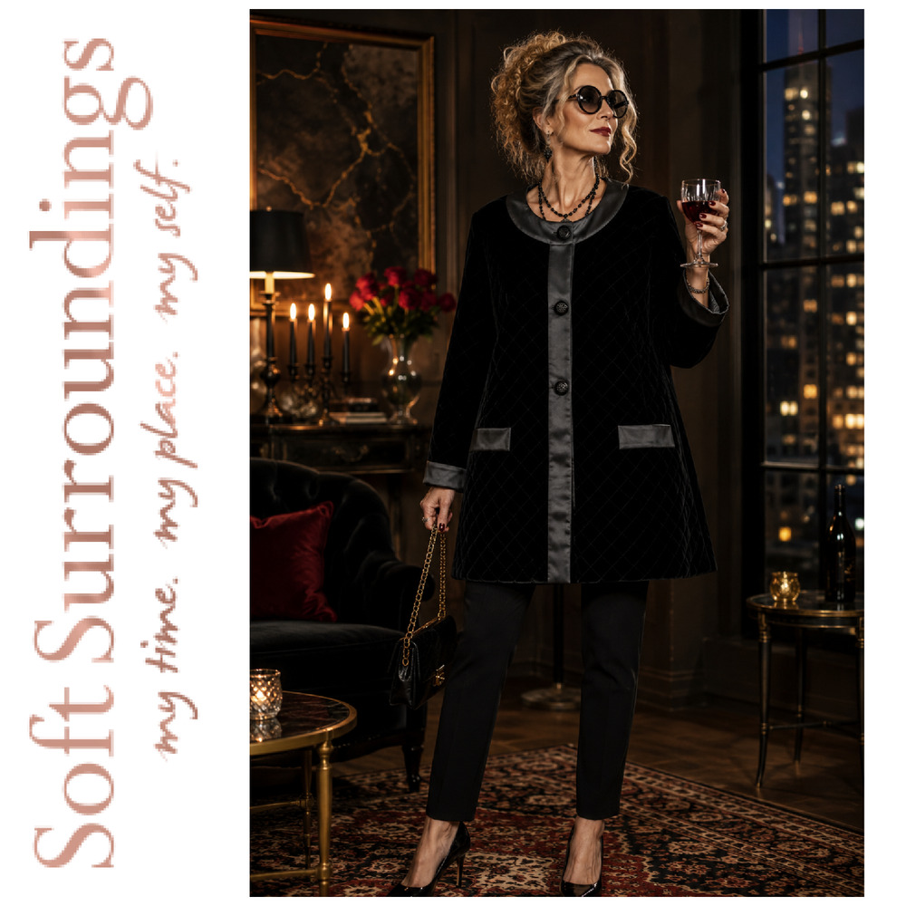 Soft Surroundings 2X Black Silk Velvet Quilted Car Coat Red Polka Dot Lined